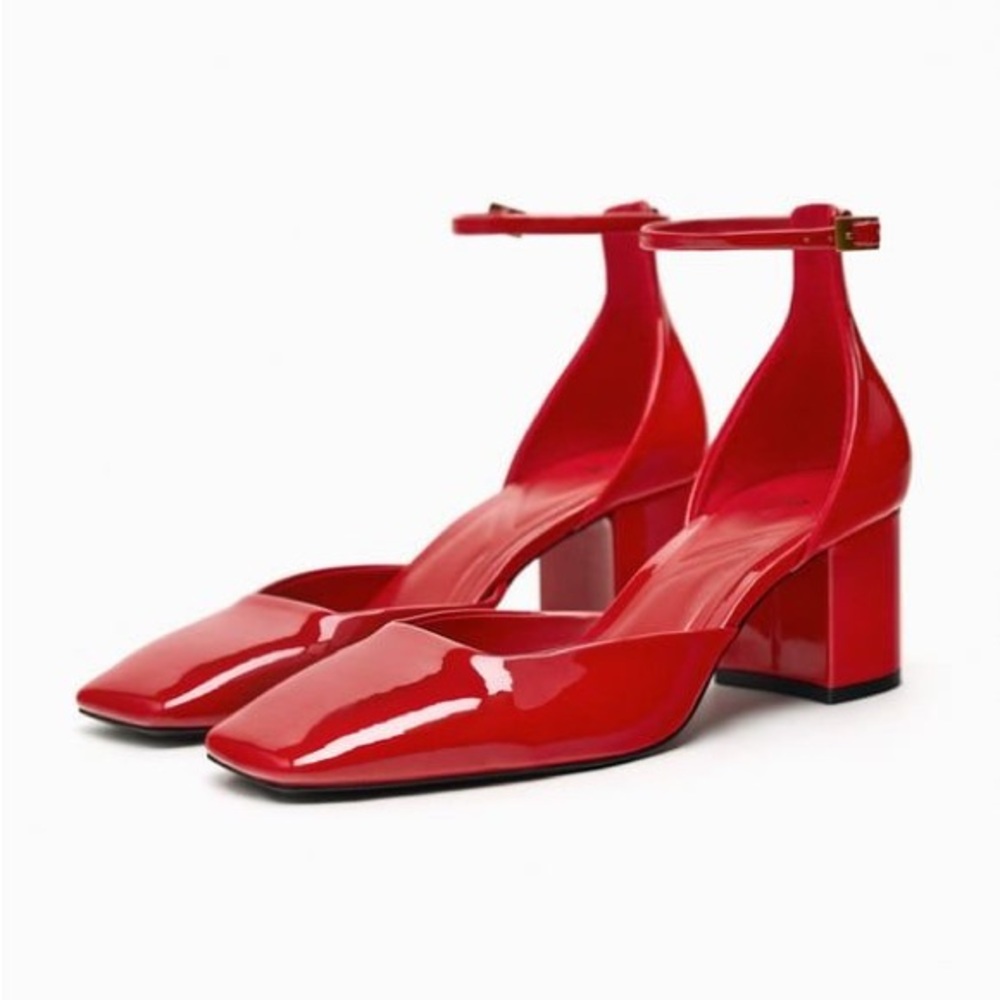 Zara NWT - Red square toe ankle strap Block Heeled Patent faux leather heels
